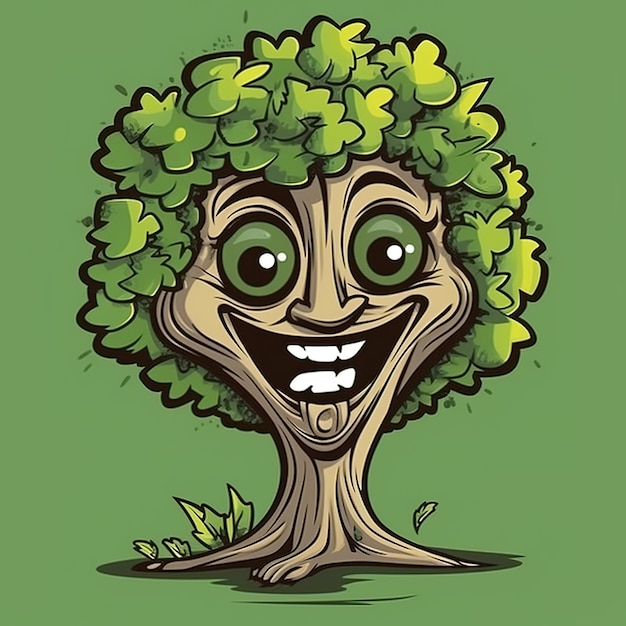 Foto un cartone animato di un albero con una faccia e uno sfondo verde.