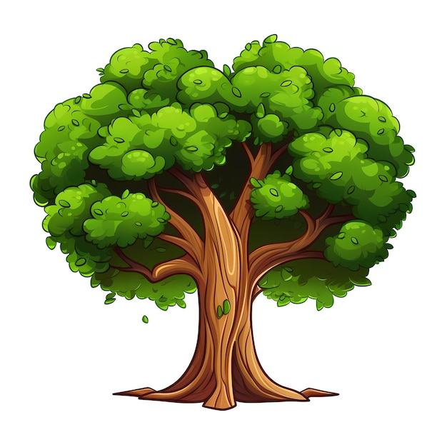 Albero di cartone animato con foglie verdi e tronco marrone su sfondo bianco ai generativa