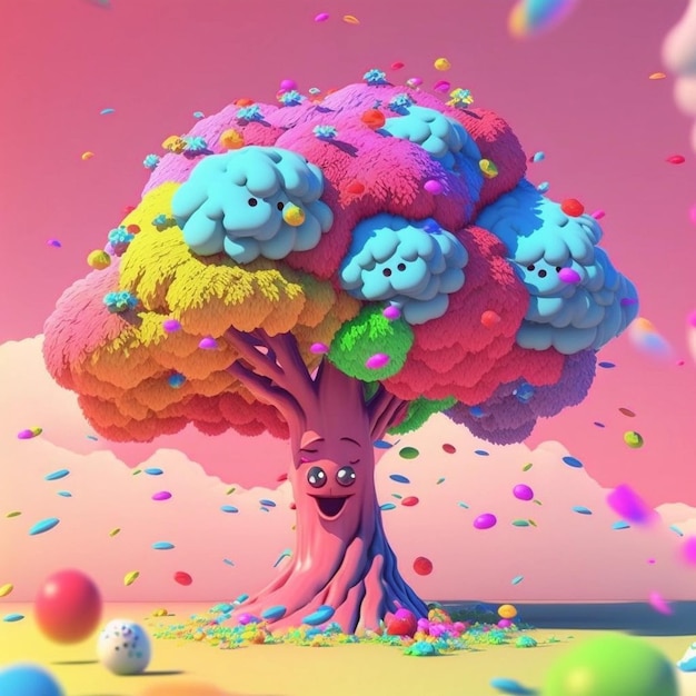 A cartoon tree with a pink background and a bunch of clouds on it