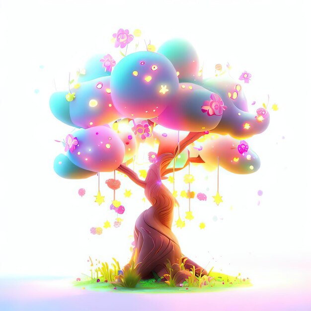 Foto un albero di cartone animato con stelle e fiori su di esso