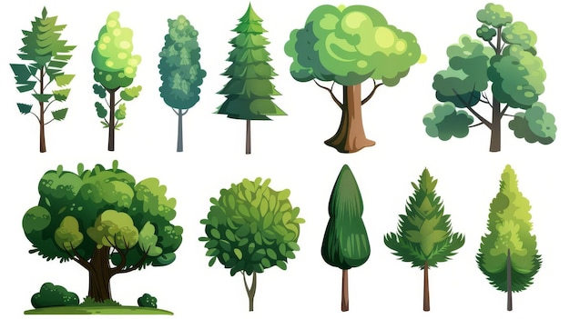 cartoon trees set isolated on a white background simple modern style cute green plants forest
