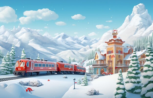 Cartoon trein op de achtergrond van besneeuwde bergen