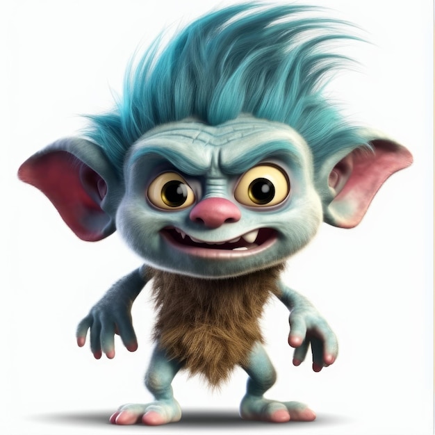 A cartoon of a troll with a blue hair and blue eyes.