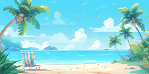 Cartoon tropical beach scene with a chair and palm trees generative ai