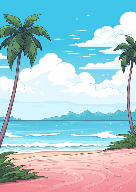 Photo cartoon tropical beach with palm trees and a sandy beach generative ai