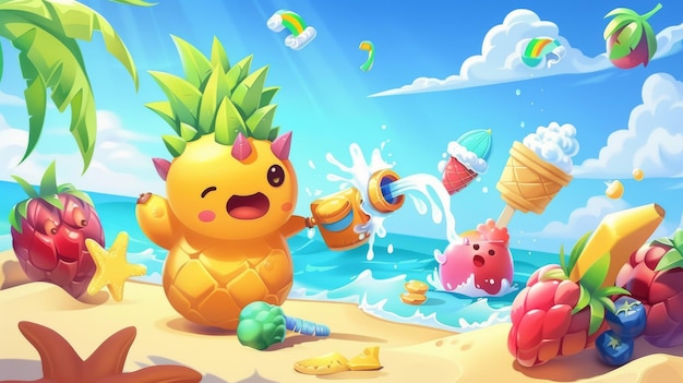 写真 この夏の売り上げのプロモーションポスターで,アニメの熱帯果物が水銃で遊び,日光浴をし,海で剃られた氷を楽しんでいます.