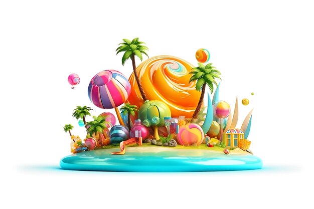 cartoon tropical island with palm tree and some candy