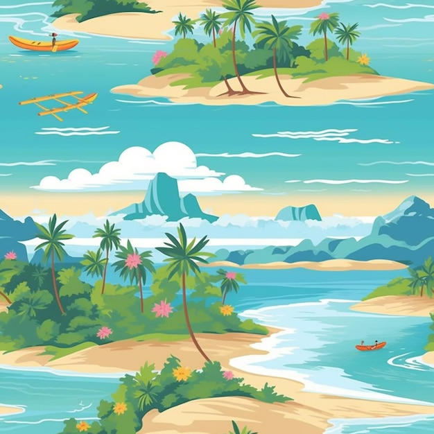 A cartoon tropical island with palm trees and boats generative ai