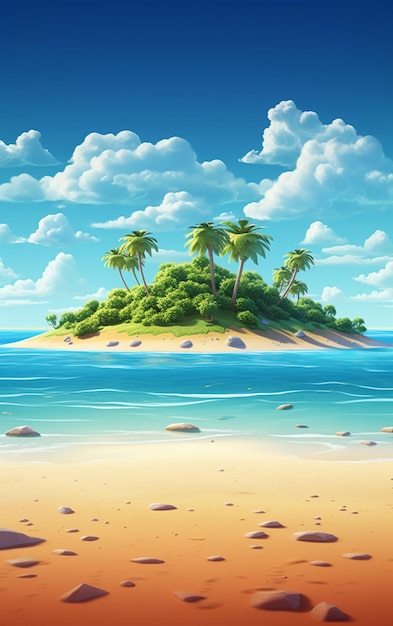 Cartoon tropisch eiland met palmbomen en rotsen op een zandstrand generatieve ai