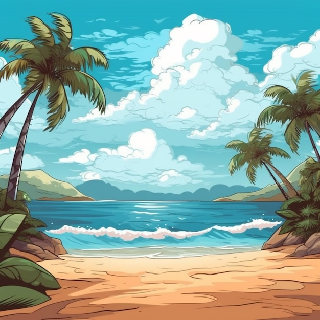 cartoon tropisch strand met palmbomen en golven generatieve ai