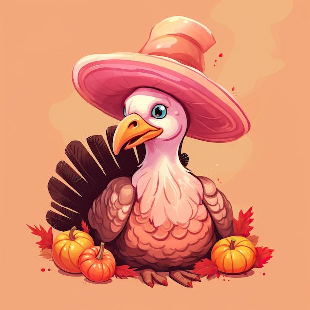 a cartoon turkey in a hat and a pumpkin on a pink background in the style of captivating