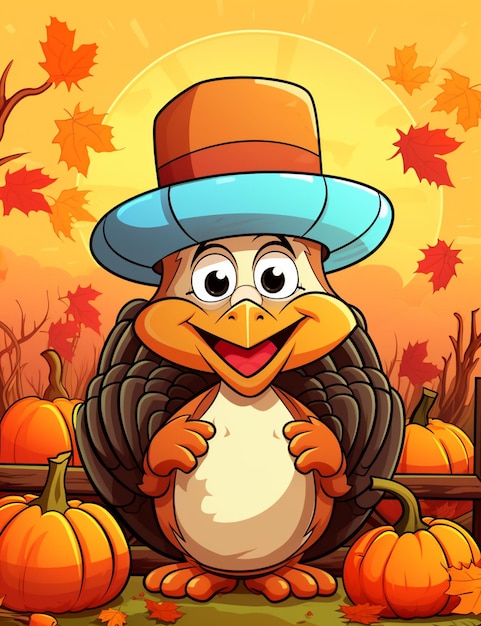 Cartoon turkey in a hat and pumpkins in a field generative ai