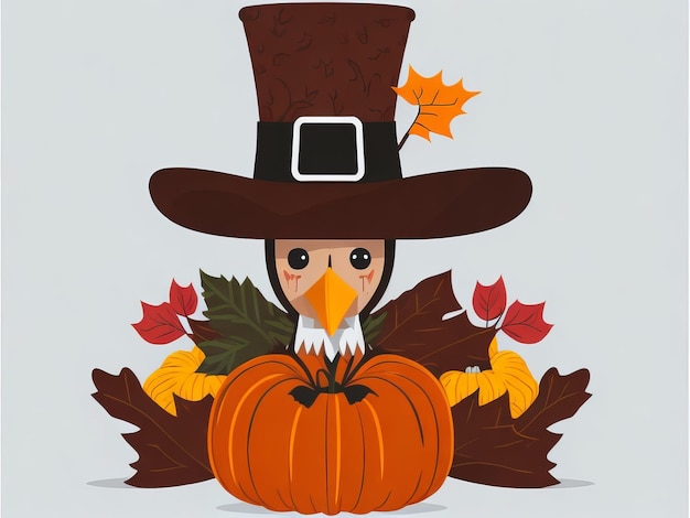 A cartoon of a turkey wearing a pilgrim hat sits on a pumpkin.