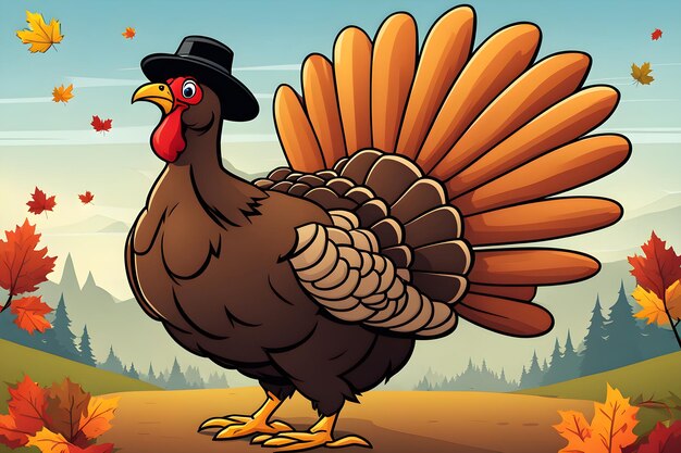 Photo a cartoon of a turkey with a black hat on it