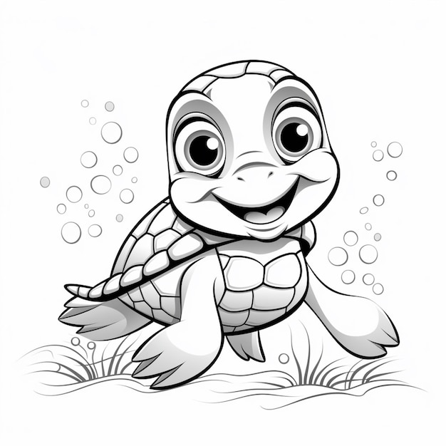만화 거북이가 거품 생성 AI를 사용하여 물 속에서 달리고 있습니다.