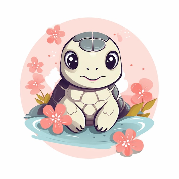 Cartoon turtle sitting on a rock with flowers in the background generative ai