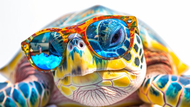 Photo cartoon turtle wearing colored glasses on a white background selective focus animals generative ai