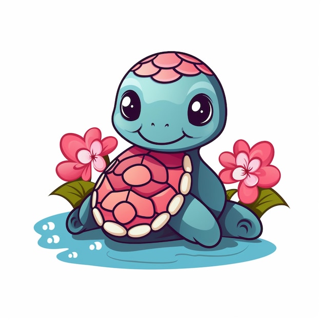 Cartoon turtle with pink flowers sitting on the ground generative ai