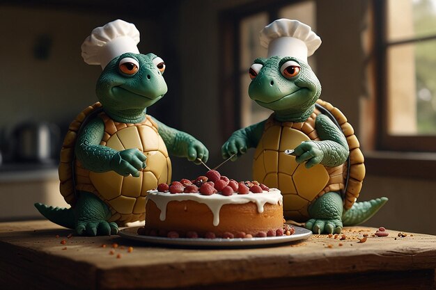 Photo cartoon turtles bake cake slow and enjoyable