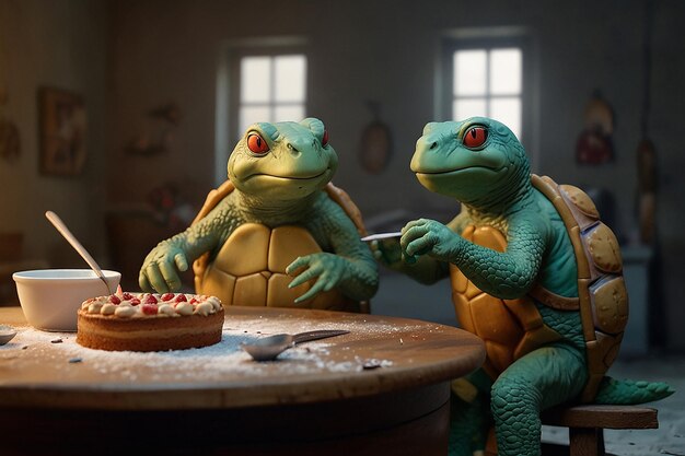 Photo cartoon turtles bake cake slow and enjoyable