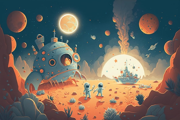 A cartoon of two astronauts on a planet with a spaceship in the background.