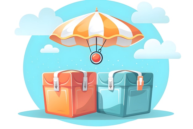 A cartoon of two bags with a parasol and a parachute above them