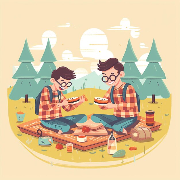 公園でピクニックをしている 2 人の少年の漫画