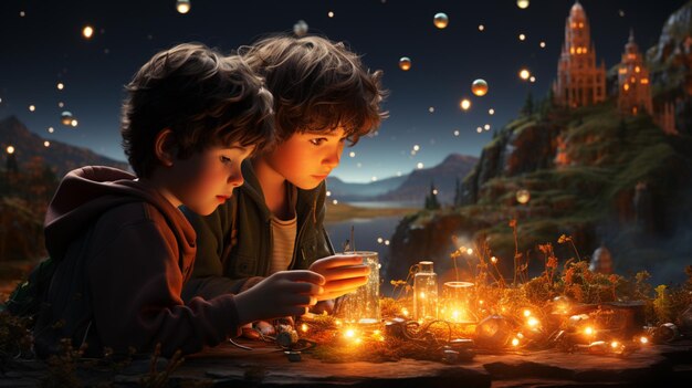 A cartoon of two boys playing with planets