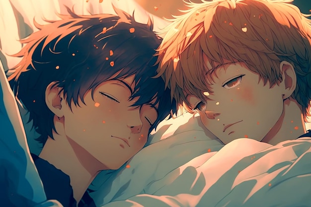 仰向けに寝ている二人の少年の漫画。