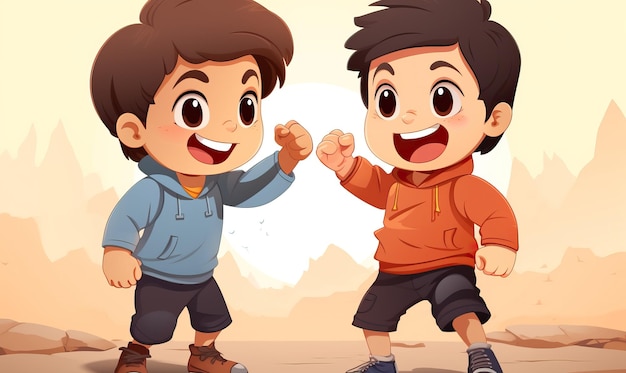 a cartoon of two boys with their arms in the air