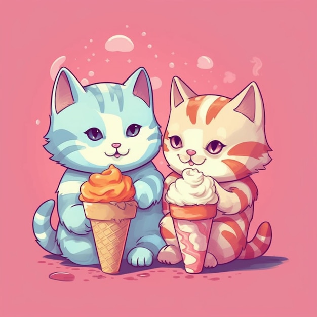 A cartoon of two cats eating ice cream with one holding an orange ice cream cone.