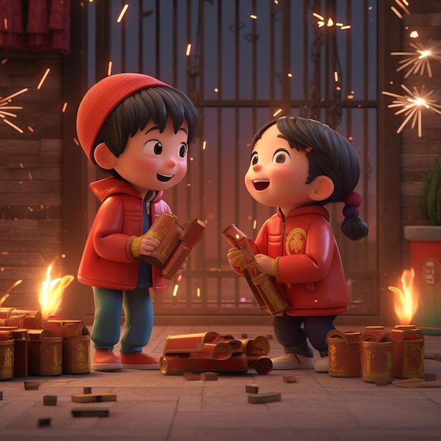 A cartoon of two children playing with a brick wall with fireworks in the background