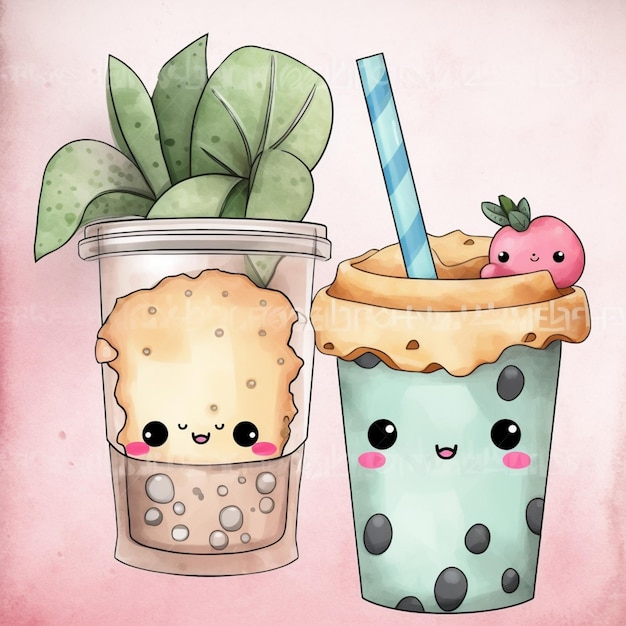 A cartoon of two cups of iced tea and a strawberry.