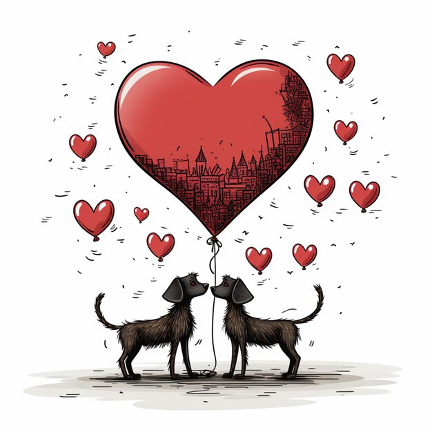 cartoon of two dogs with a heart balloon in the shape of a city generative ai