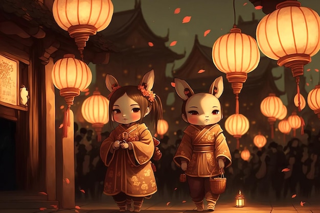 A cartoon of two foxes in a chinese scene