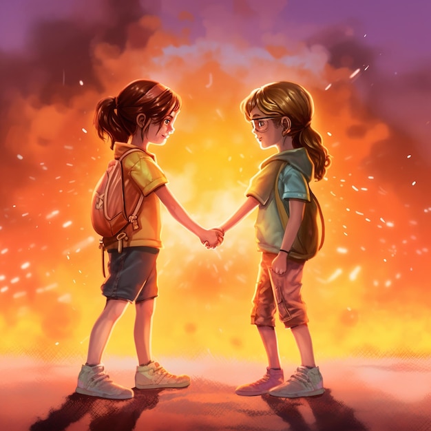 A cartoon of two girls holding hands and looking at each other