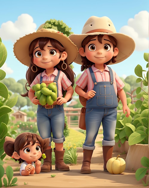 карикатура, на которой две девочки держат овощи и девочка держит мешок с овощами.