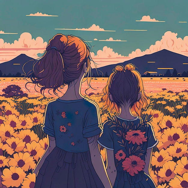 A cartoon of two girls looking at a field of flowers