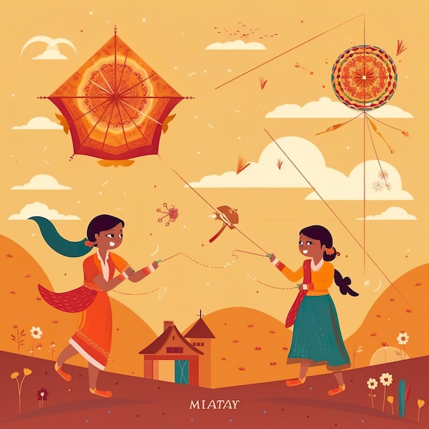 Карикатура на двух девочек, играющих с воздушным змеем, и слова «мама» внизу.
