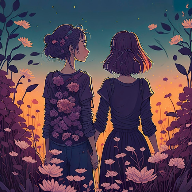 A cartoon of two girls standing in a field of flowers