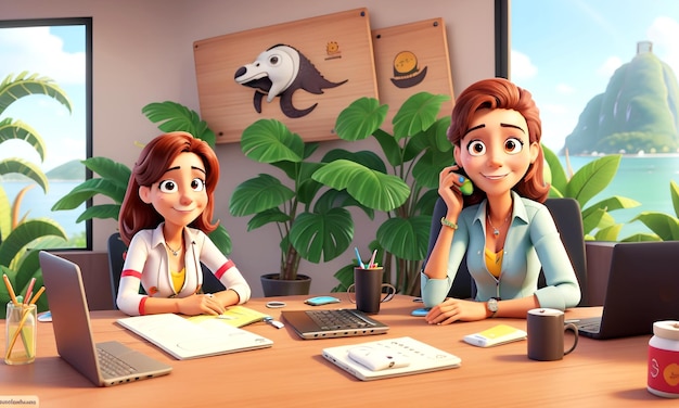 a cartoon of two girls talking on a phone with a cartoon character on the wall behind them