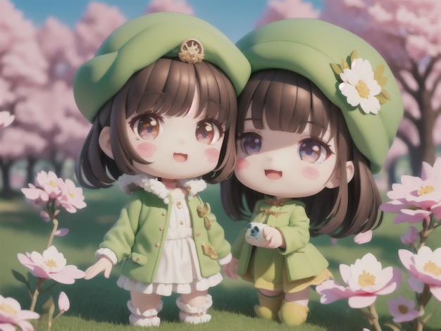 A cartoon of two girls with green hats and green hats