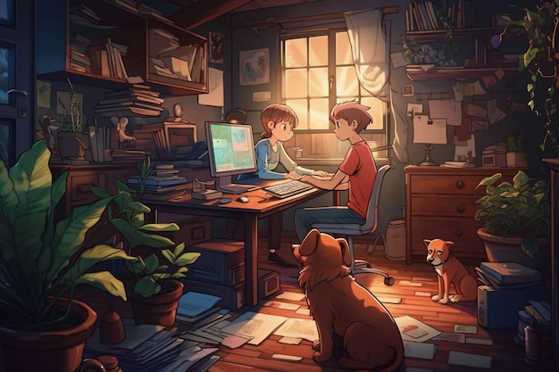 A cartoon of two kids working at a computer with a dog on the screen.