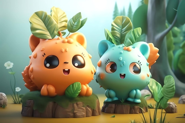 A cartoon of two little animals with leaves on their heads