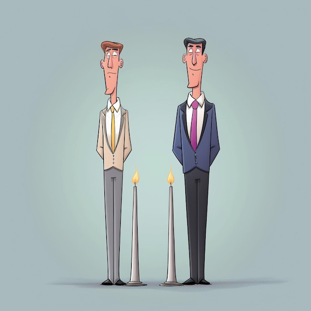 Photo cartoon of two men in suits standing next to a candle generative ai