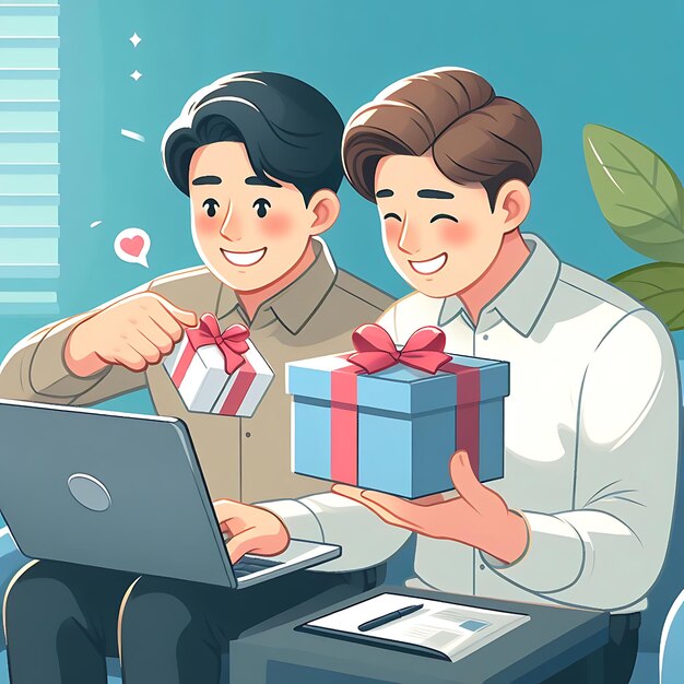 a cartoon of two men with a laptop and a gift