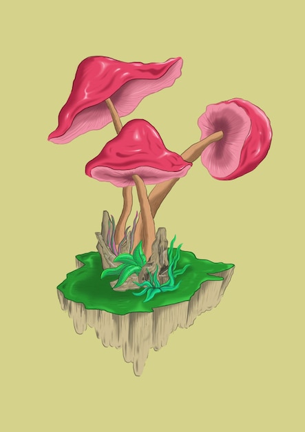 A cartoon of two mushrooms on a cliff