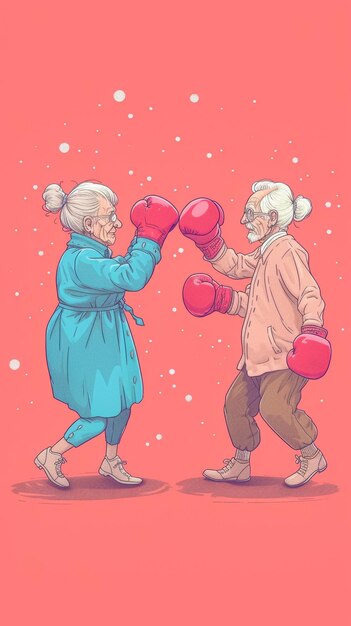 A cartoon of two older people boxing