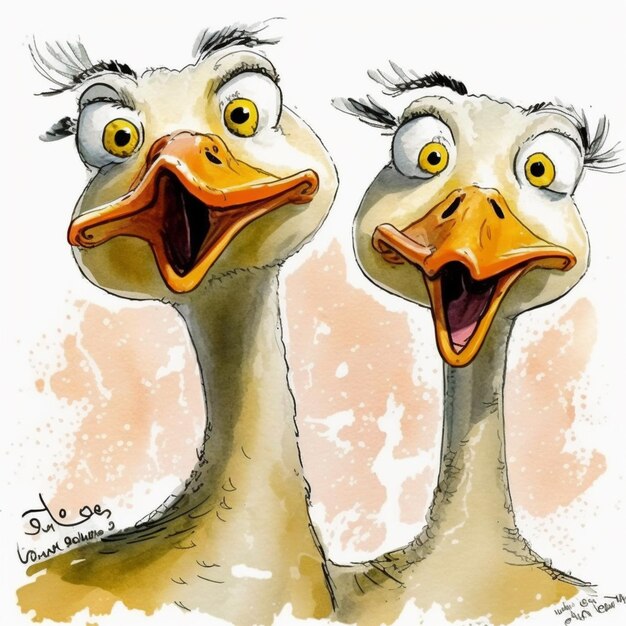 Cartoon of two ostrich birds with their mouths open and one with its mouth open generative ai