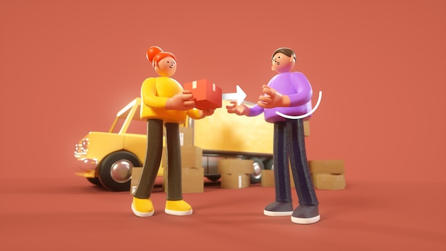 A cartoon of two people giving a box to a car.